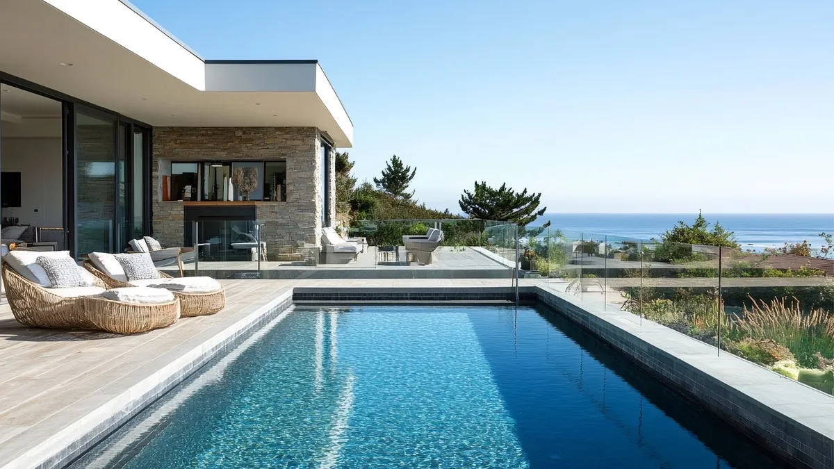 A modern pool terrace above the Pacific