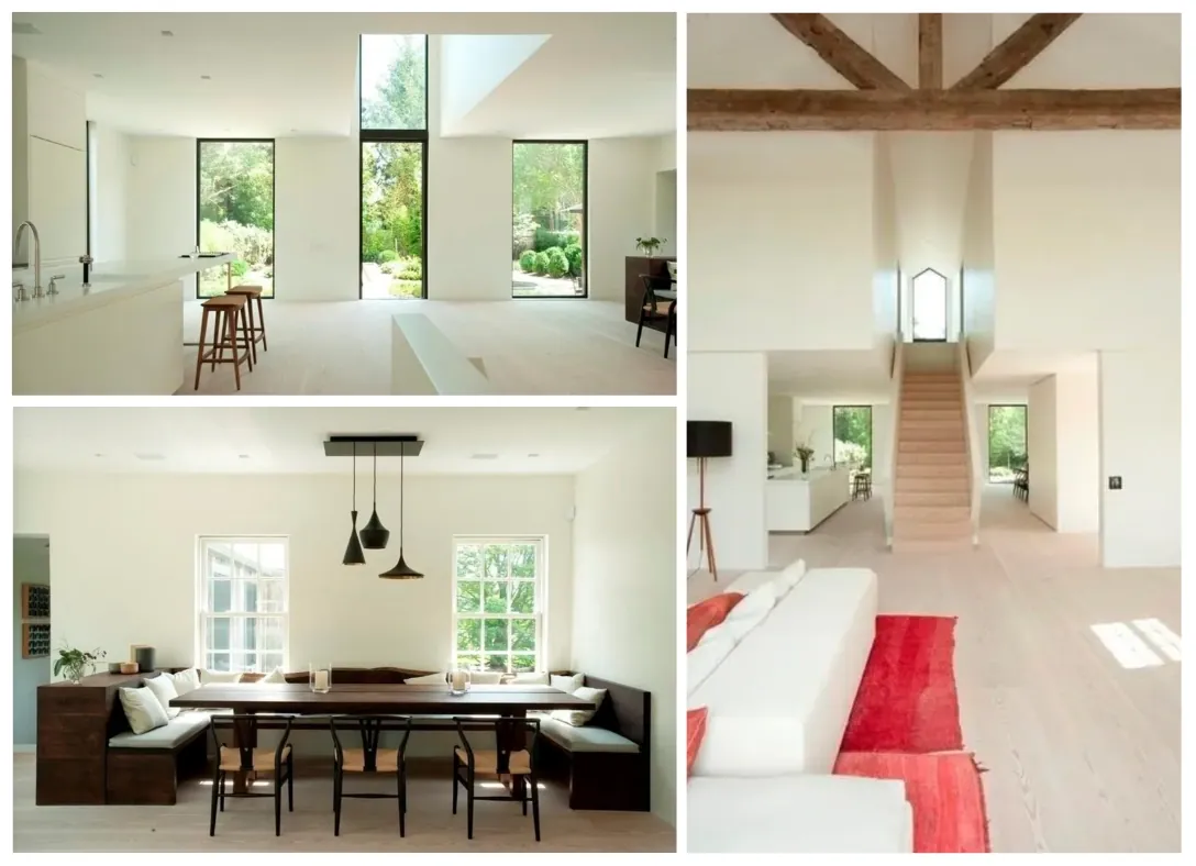 ceilings, walls of glass, and a wood-burning fireplace