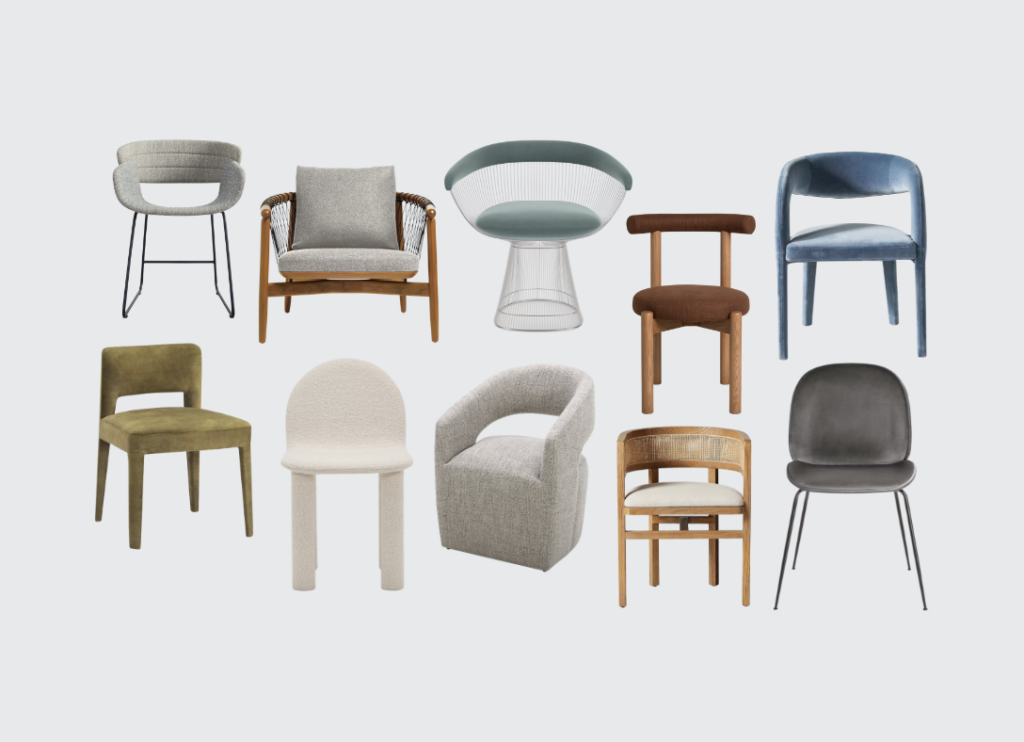 an array of upholstered dining chairs