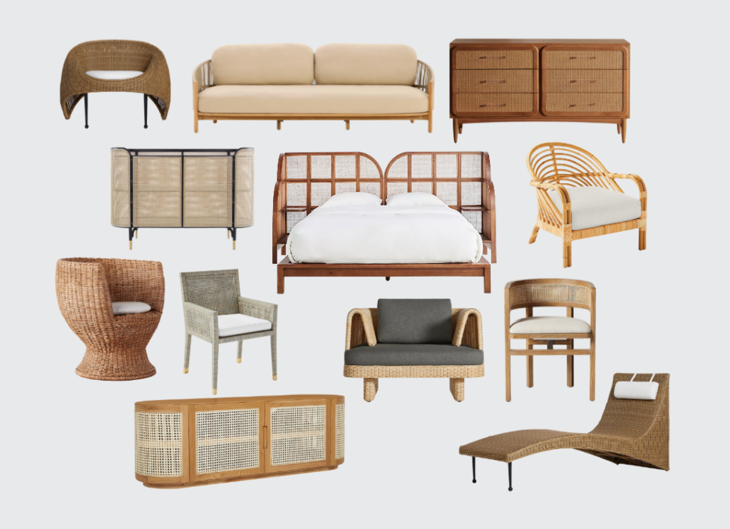 a collection of rattan furniture pieces